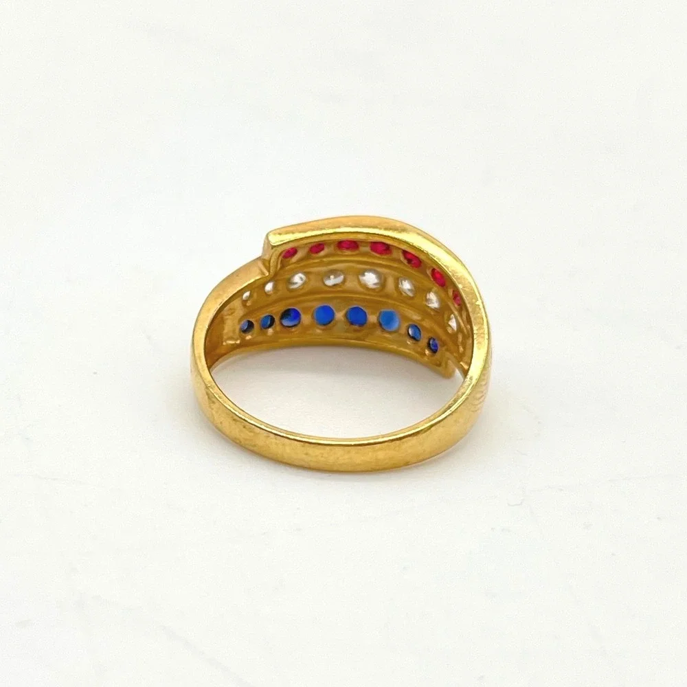 Gold Vermeil Sterling Silver Red‎ White Blue Channel Set Triple Row Ring Size 10